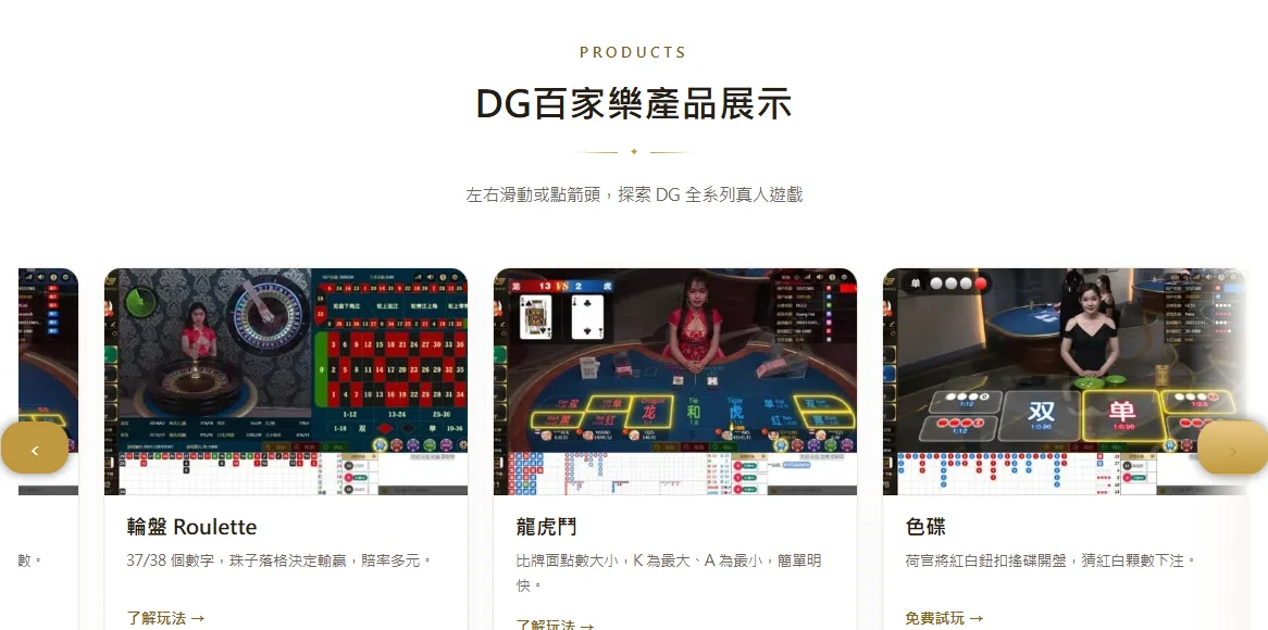 DG 娛樂城首頁產品展示區的輪盤 Roulette 遊戲卡,畫面可見真人轉盤與 37 格投注版面