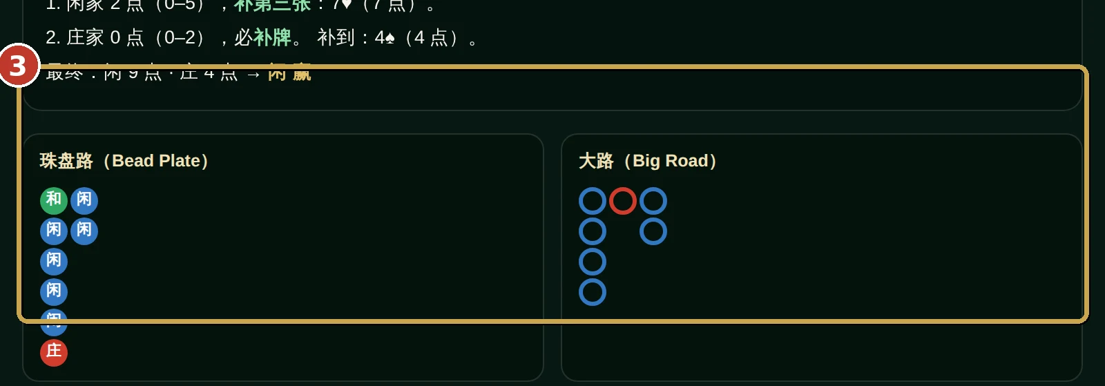 百家乐模拟器截图：标注自动生成的珠盘路与大路